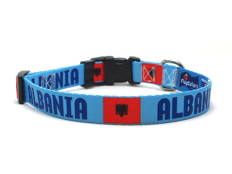 Blue Albanian Dog Collar with Albania Name and Flag Blue Albanian Dog Collar with Albania Name and Flag
