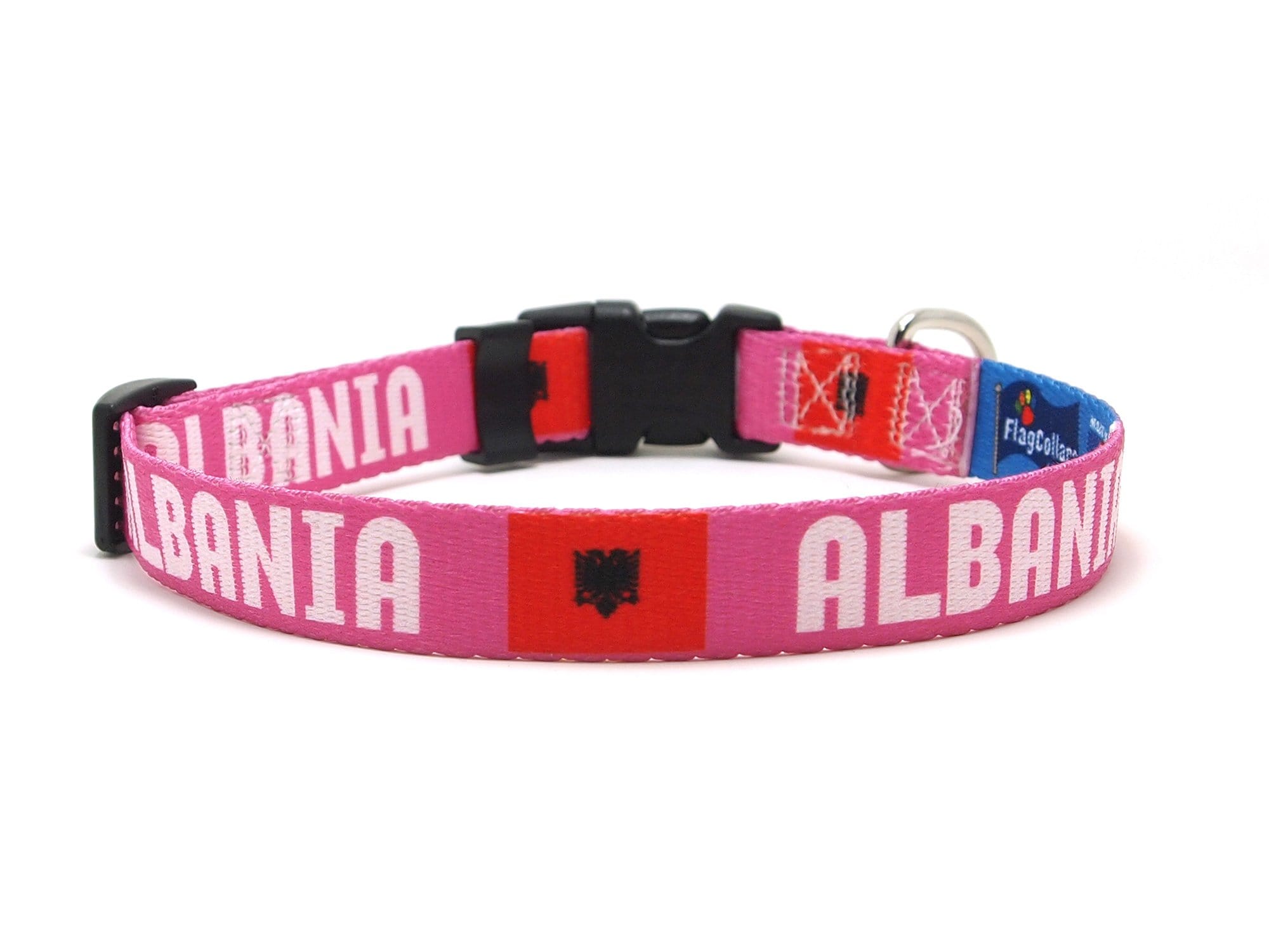 Pink Albanian Dog Collar with Albania Name and Flag Pink Albanian Dog Collar with Albania Name and Flag