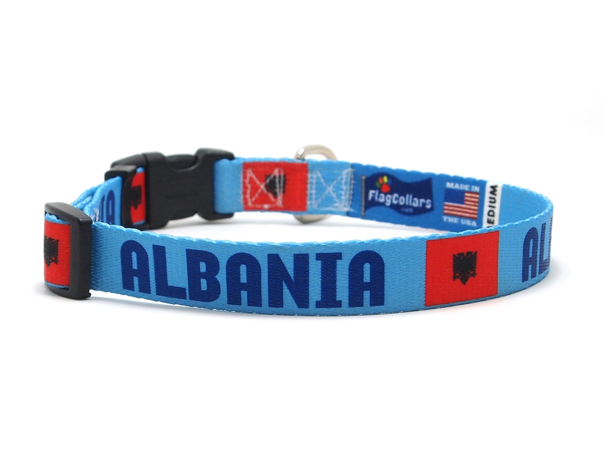 Blue Albanian Dog Collar with Albania Name and Flag