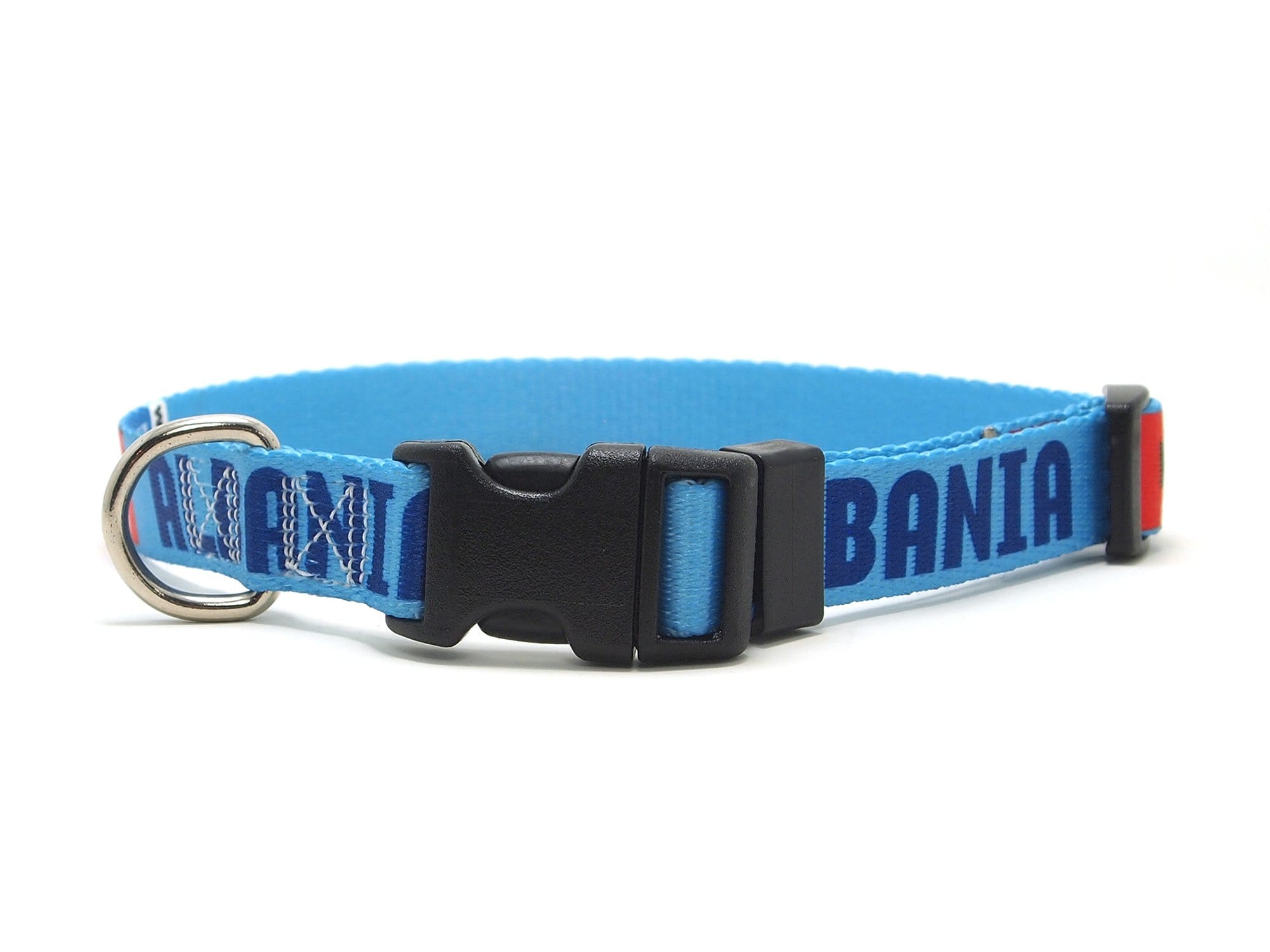 Blue Albanian Dog Collar with Albania Name and Flag