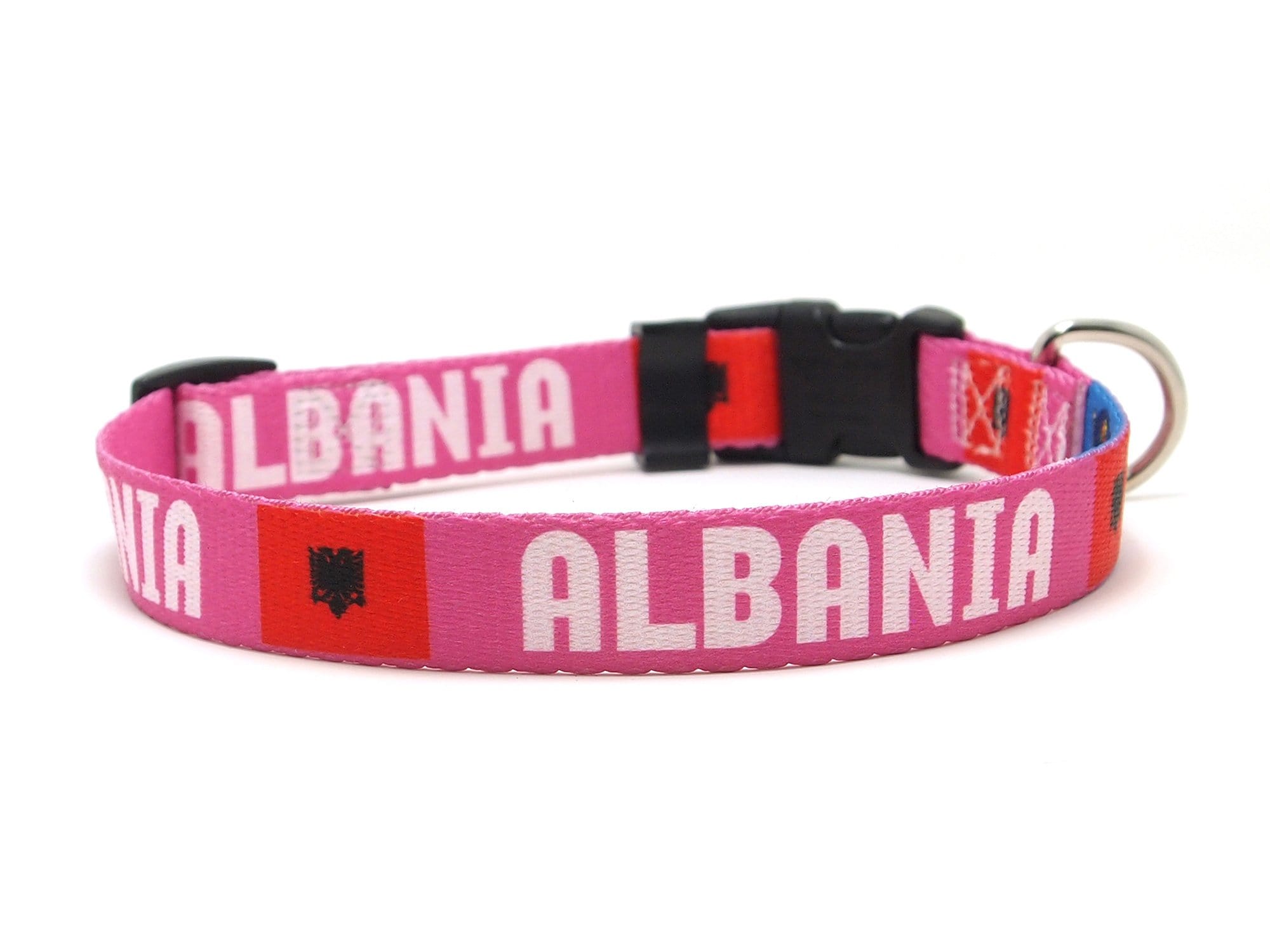 Pink Albanian Dog Collar with Albania Name and Flag