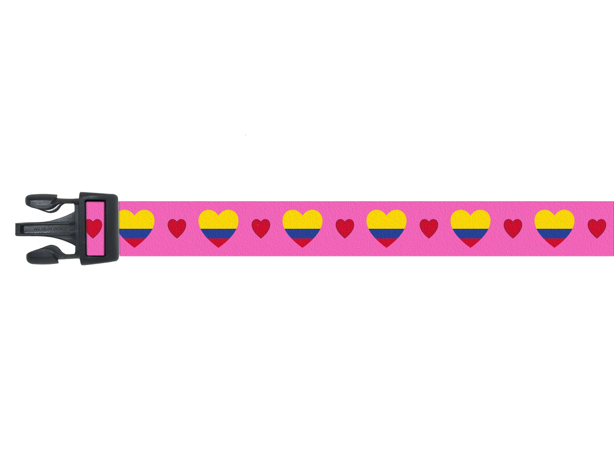 Dog collar with colombian flag and red hearts on  pink