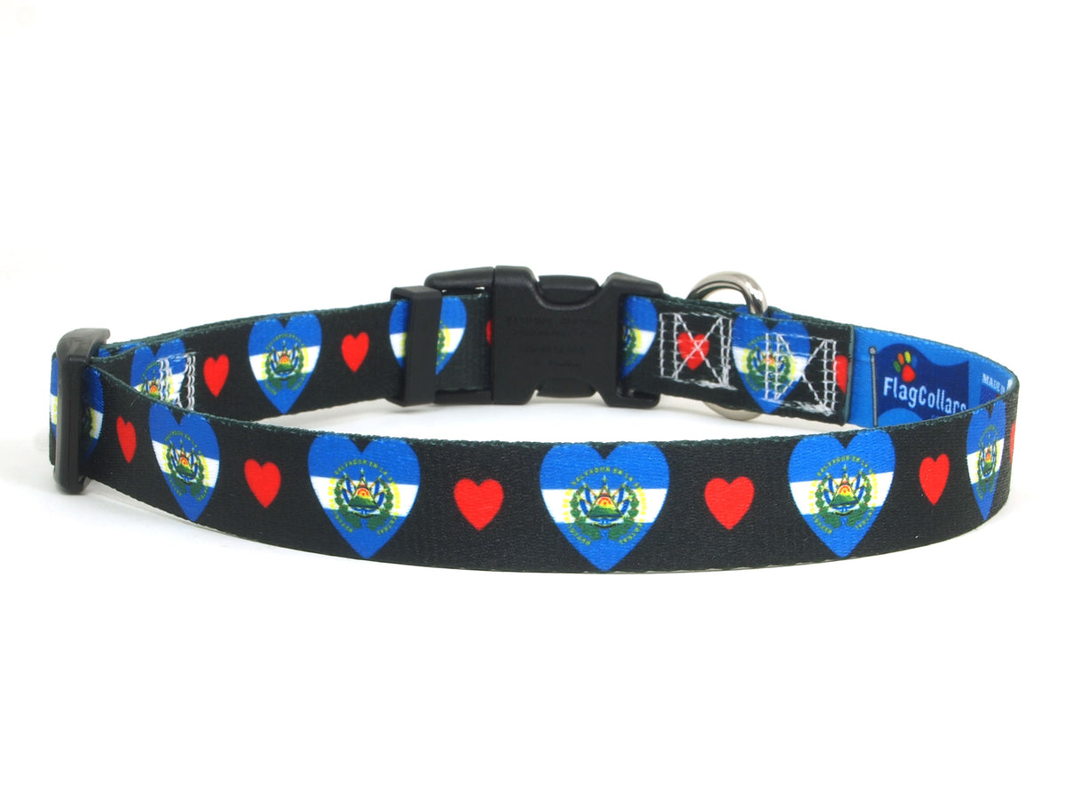 Black Dog Collar with El Salvador Hearts Pattern