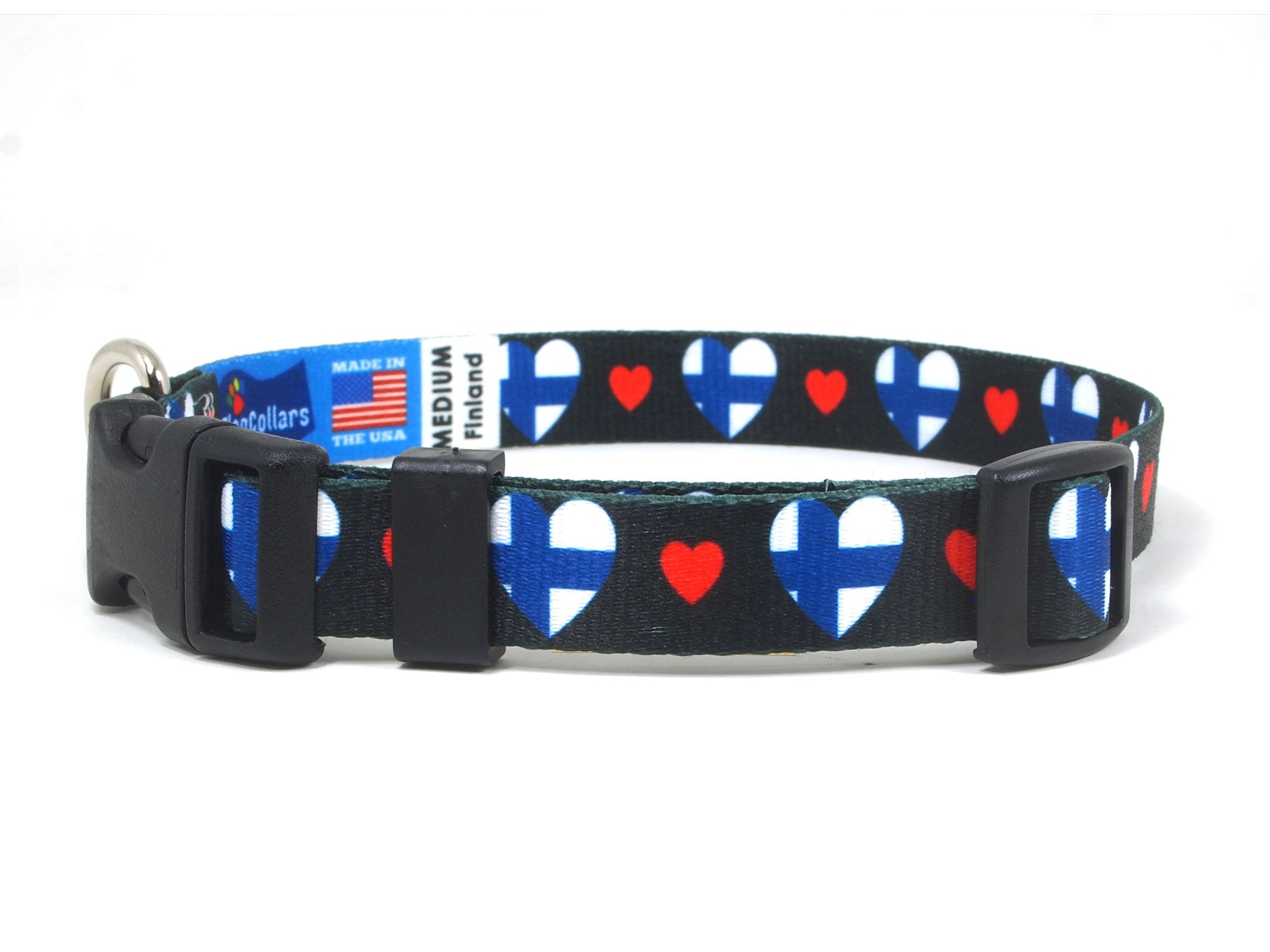 Black Dog Collar with Finland Hearts Pattern
