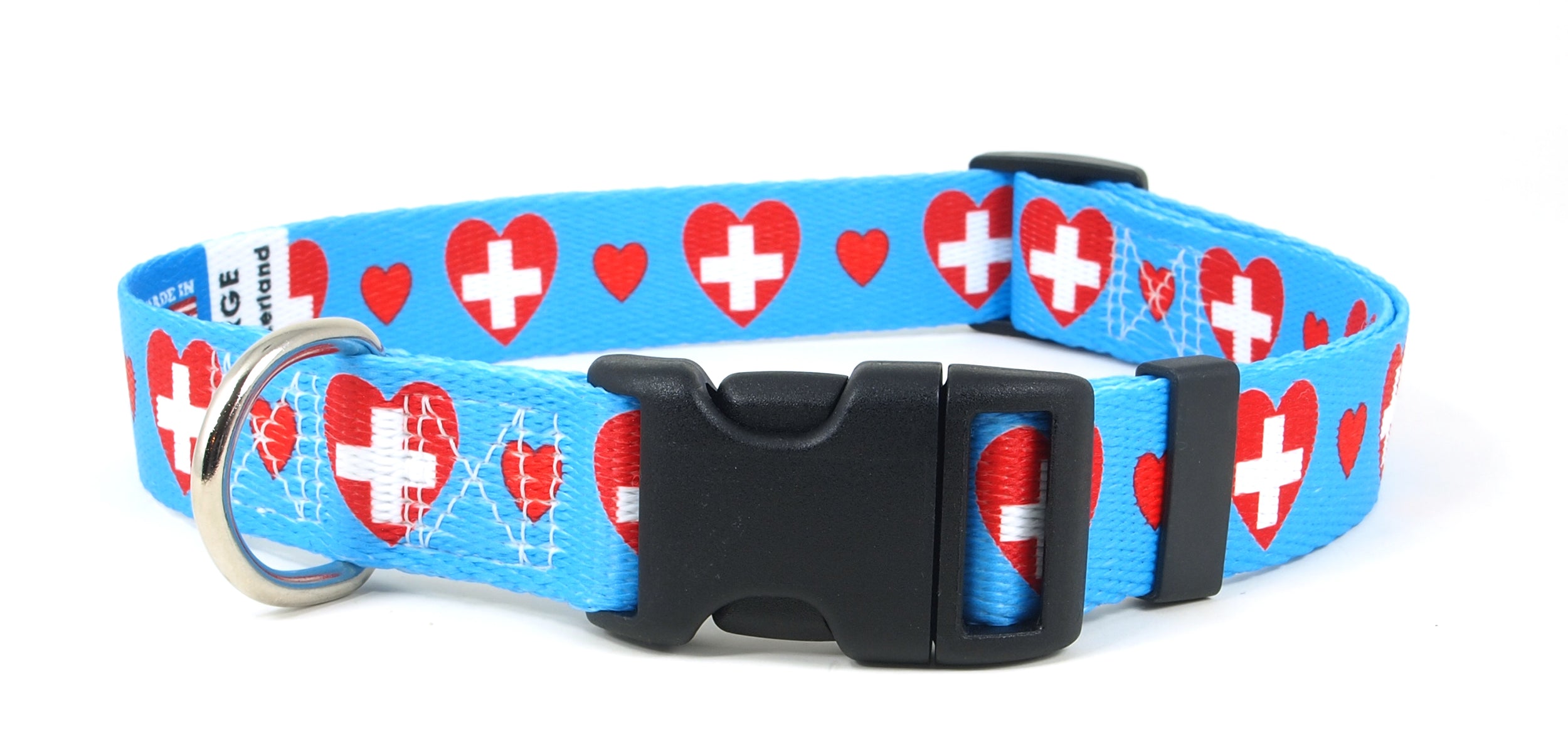 Blue Dog Collar with Switzerland Hearts Pattern