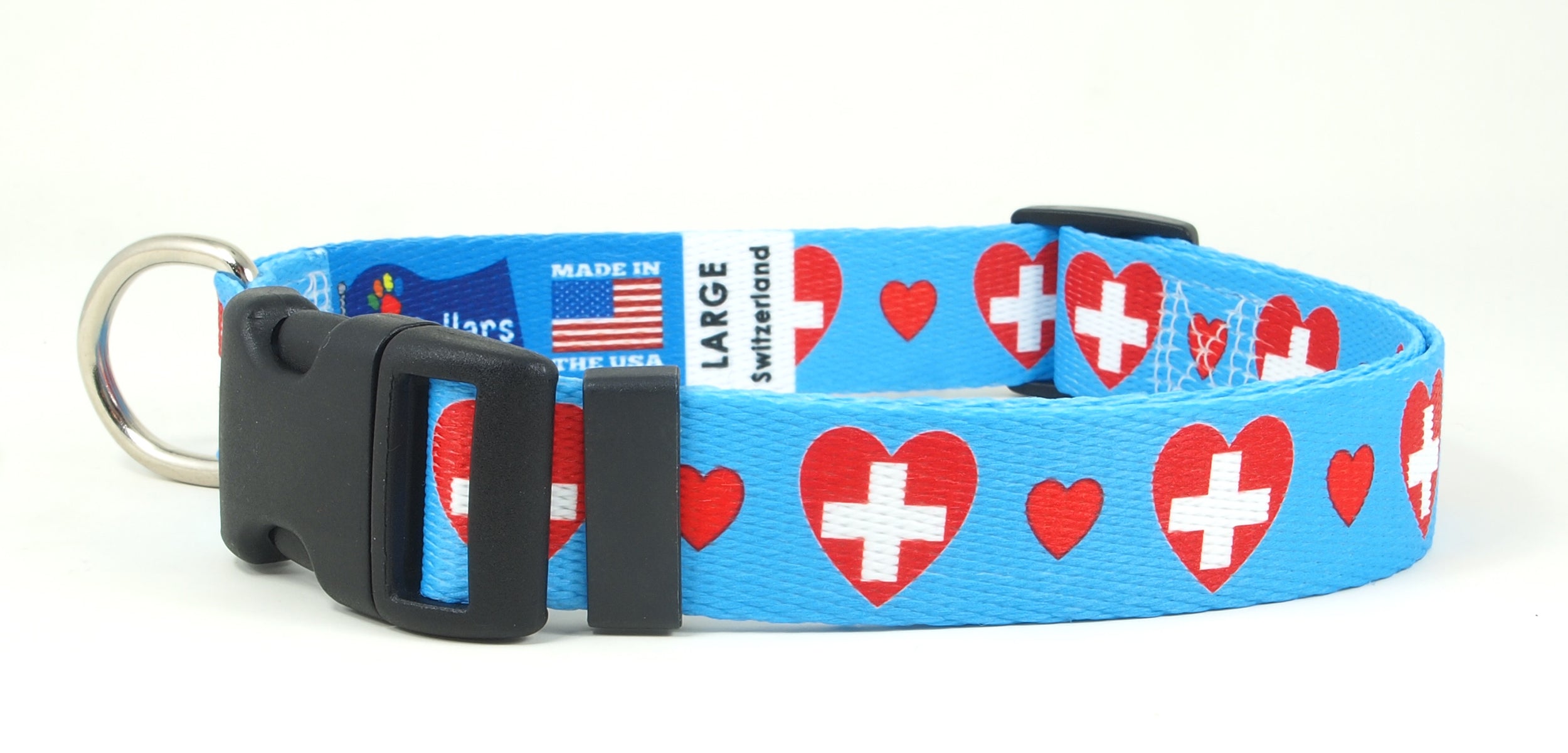 Blue Dog Collar with Switzerland Hearts Pattern