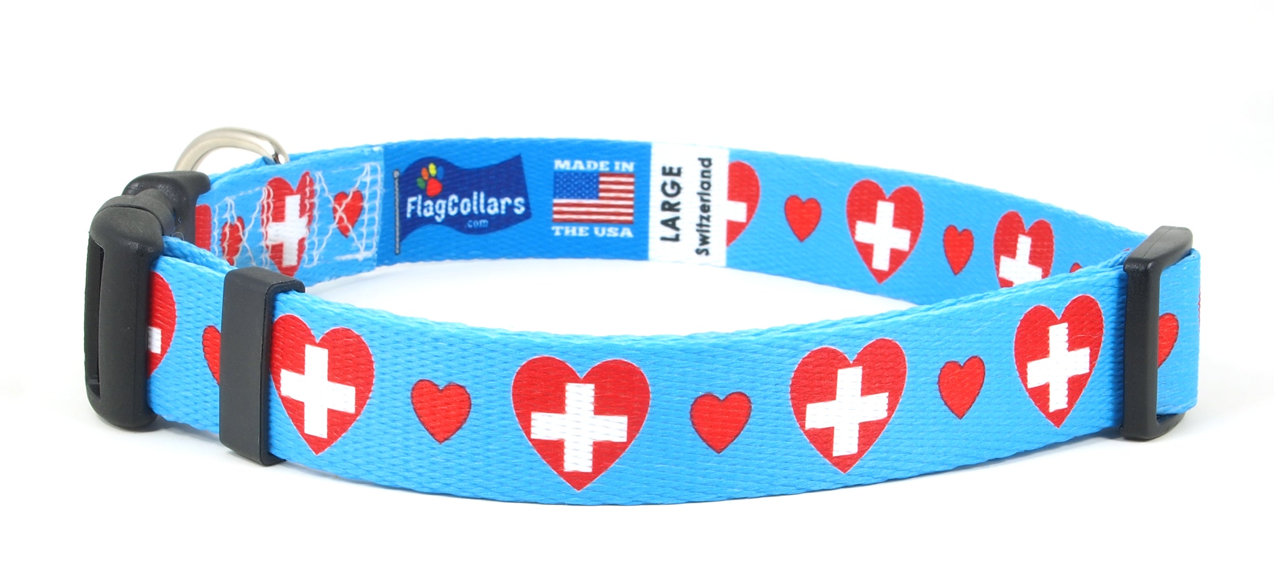 Blue Dog Collar with Switzerland Hearts Pattern